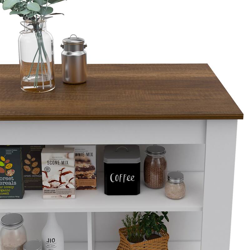 Kitchen Island, kitchen table 35" H, Four Legs, Three Open Storage Shelves