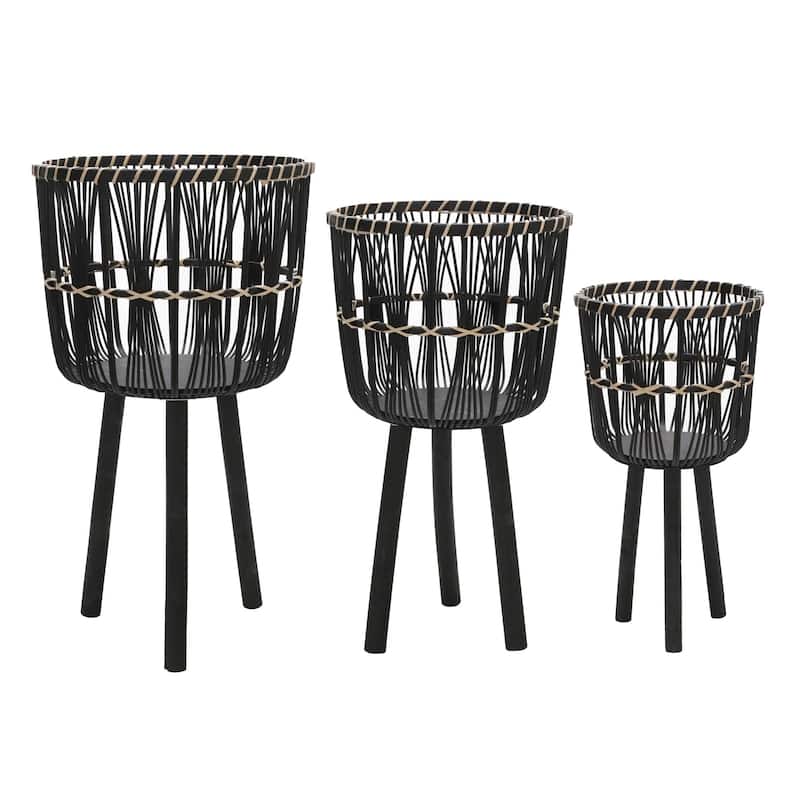 11/13/15" Bamboo Planters on Stand,Set of 3