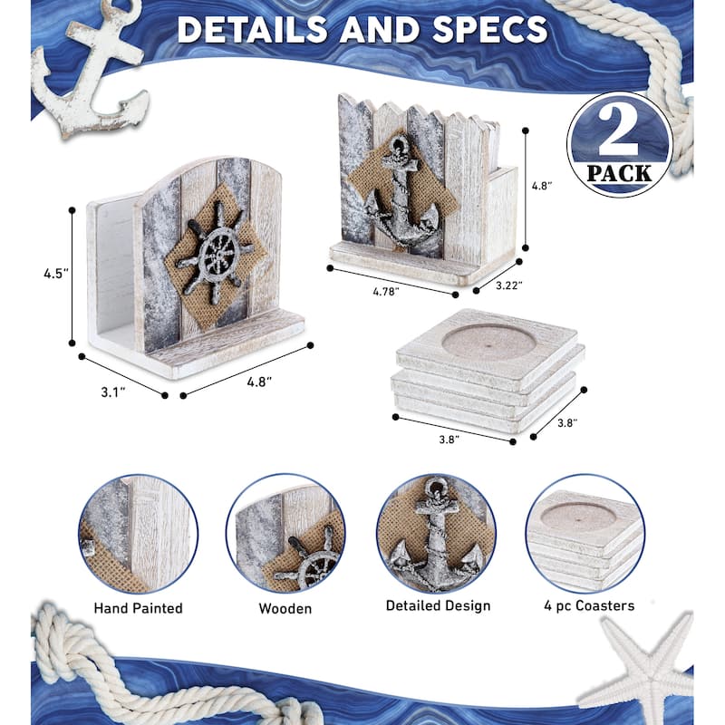 CoTa Global Silver Sea Nautical Wooden Napkin Holder and Coaster, 2 Pc - 4.8″Lx4.78″Wx3.2″H