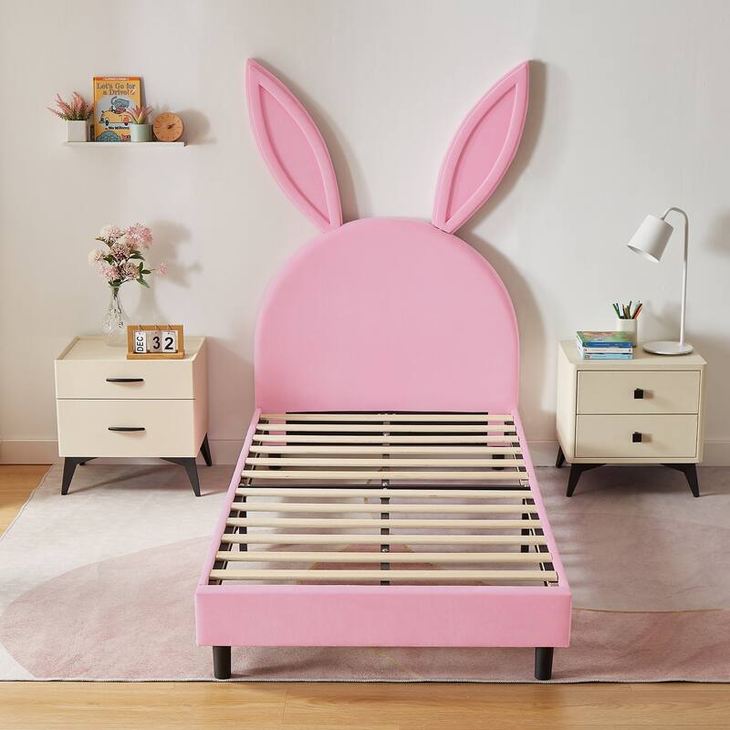 VECELO Wooden Cute Rabbit Twin Bed Frame with Upholstered Headboard, Kids Bed Frame