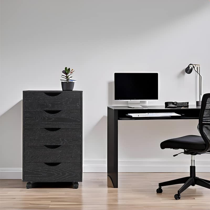 Portable 5-Drawer Wooden Cabinet with 360° Wheels, Smooth Pullout & Extra Top Storage - Distressed Black