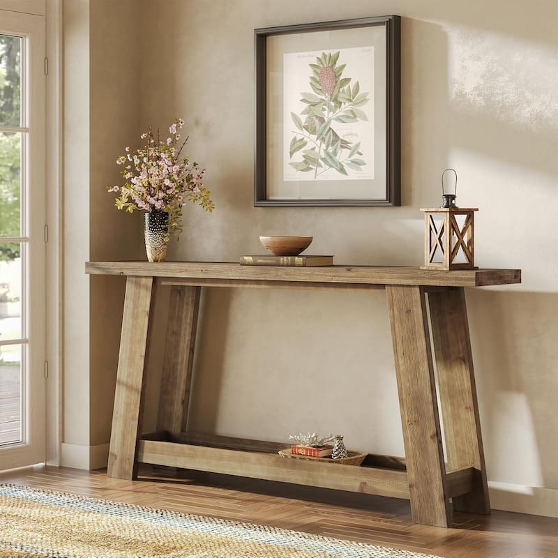 63-Inch Narrow Solid Wood Console/Entryway/Sofa Table Behind Couch with 2-Tier Shelf
