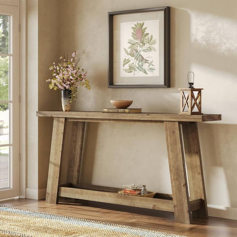 63-Inch Solid Wood Console Table, Farmhouse Entryway Table Sofa Table Behind Couch