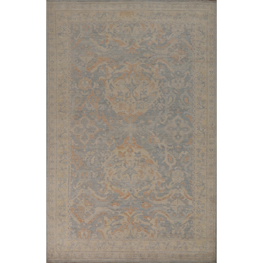 Vegetable Dye Floral Oushak Turkish Area Rug Blue Handmade Wool Carpet - 5'0"x 7'11"