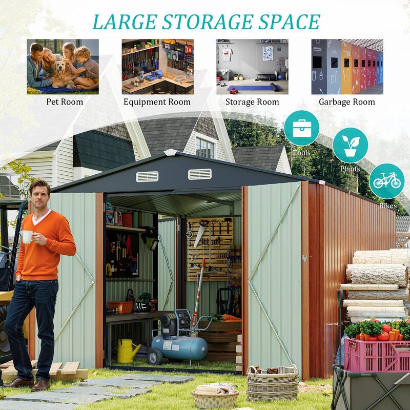 Outdoor Storage Shed 9×11 FT with 3 Lockable Doors,Utility Tool Shed Metal Storage Garden Sheds 4 Vents,Metal Sheds