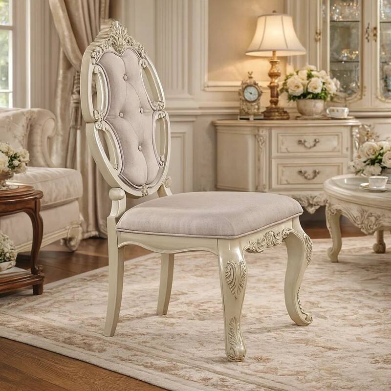 Fabric Upholstered Wooden Side Chair with Button Tufted Back, White, Set of Two