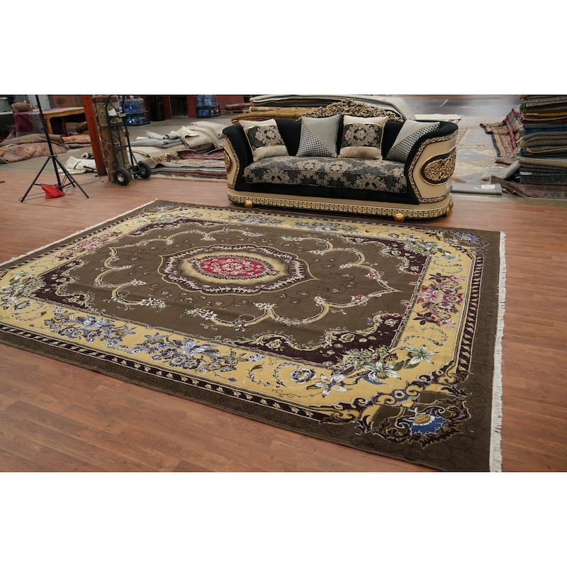 Victorian Style Green Aubusson Turkish Area Rug Machine-Made Carpet - 9'9" x 12'11"