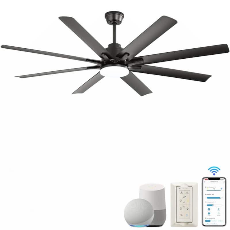 66 Inch Modern Ceiling Fan With Dimmable Led Light 8 ABS Blades Remote Control Reversible DC Motor Black For Home Office