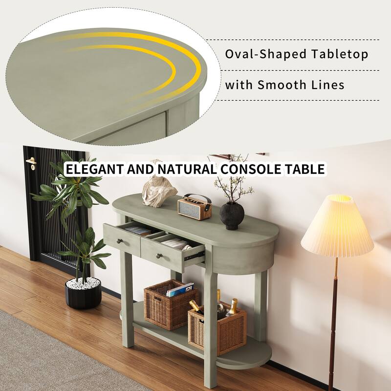 Curved Console Table with 2 Drawers and Bottom Shelf, Oval Pine Wood Sofa Tables for Entryway Hallway Living Room