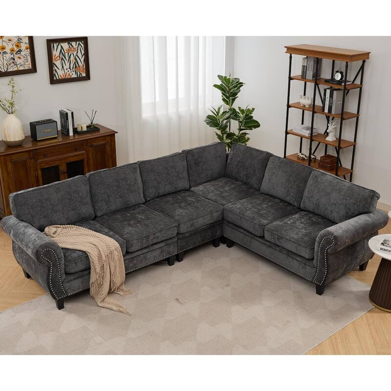 109.5" Chenille 6-Seater L-Shaped Sofa with Rolled Armrests