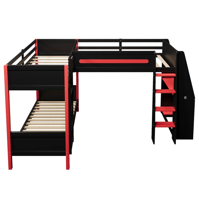 Roomfitters L-Shaped Twin Bunk & Loft Bed with Built-In Gaming Desk, LED Lights, Black and Red