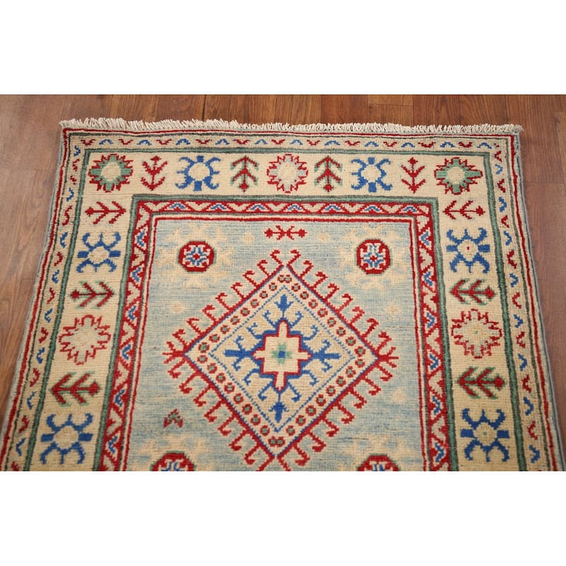 Geometric Kazak Oriental Runner Rug Hand-Knotted Grey Wool Carpet - 2'7" x 16'0"