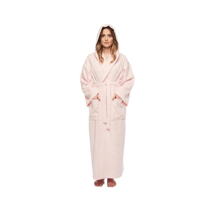 Women's Hooded Long Bathrobe Terry Cotton - Full Ankle Length Spa Robe - Pink - L/XL
