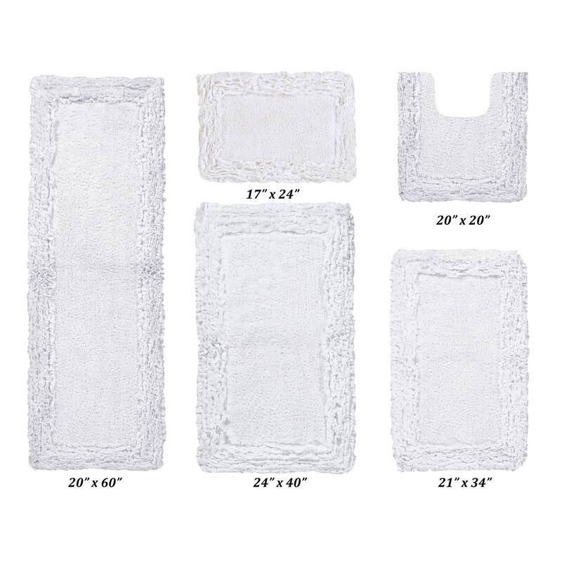 Better Trends Shaggy Border Collection Bathroom Rug -100% Cotton Tufted, Non-Skid Spray Latex Backing, Machine Washable Bath Mat - 5 PC Set 17"x24"|20"x20"|21"x34"|24"x40"|20"x60" - White