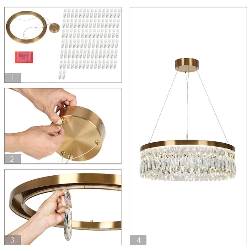Modern Brass LED Crystal Drum Chandelier for Dining Living Room - Gold - 23.6" Dia. x 7.5" H