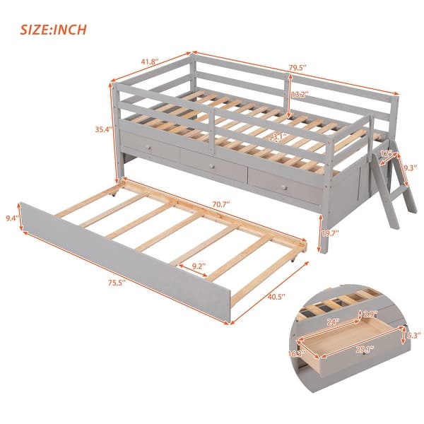 dimension image slide 1 of 3, Twin Size Low Loft Bed With Ladder,Storage Drawers and Trundle for Home