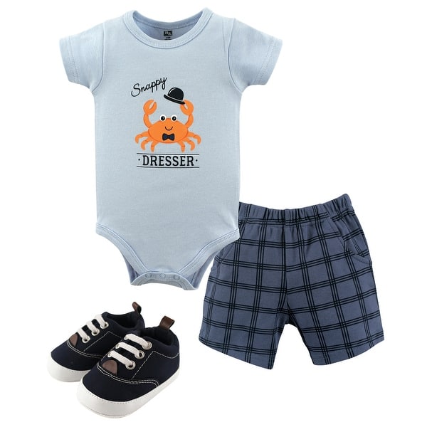 slide 1 of 1, Hudson Baby Infant Boy Cotton Bodysuit, Shorts and Shoe 3pc Set, Crab 0-3 Months - Crab