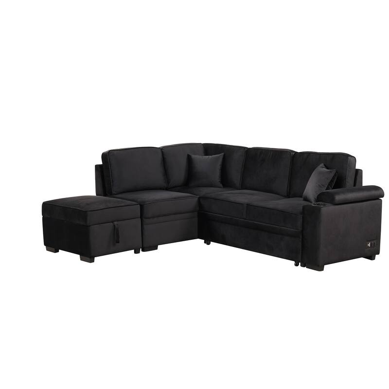 84.75" 2-in-1 Pull Out L Shape Velvet Sleeper Sofa Bed with Storage Ottoman, Black, for Living Spaces