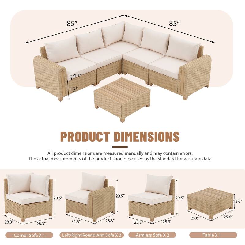 Outdoor Conversation Set L-Shaped Corner Sectional Sofa 6-Piece Patio Modular Sofa and Coffee Table PE Wicker Rattan Acacia Wood