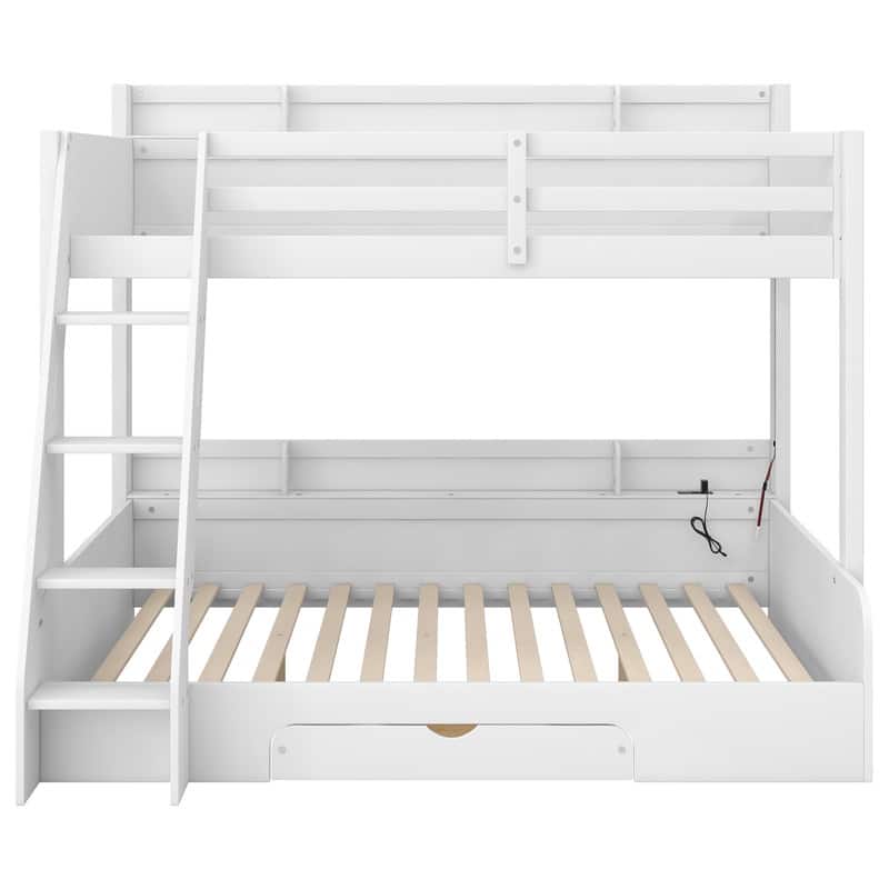 Twin over Full Size Bunk Bed with Storage Shelves, LED, Charging Station and a Drawer