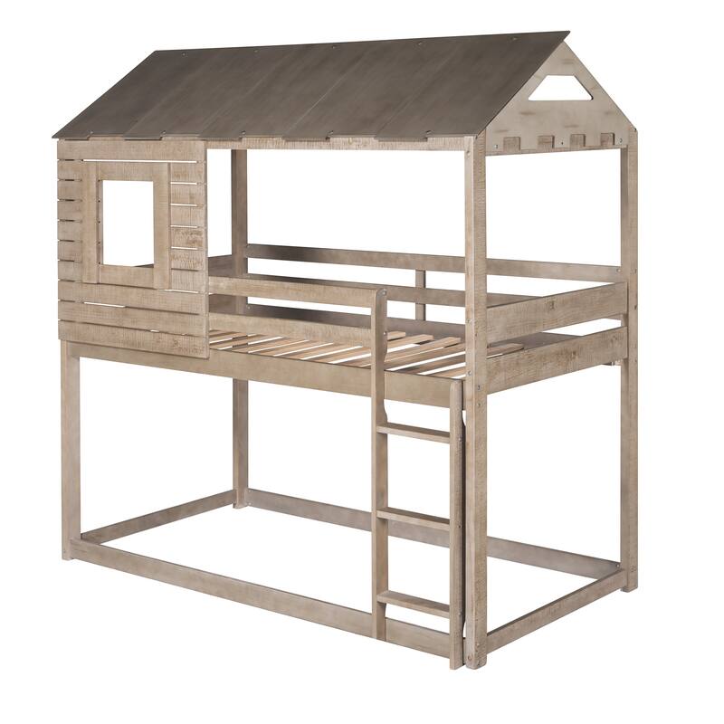 Twin Over Twin Playhouse Inspired Bunk Bed with Sloping Roof, Window
