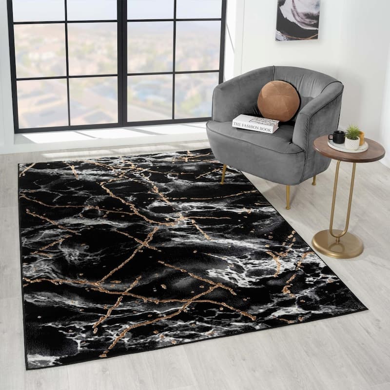 Luxe Weavers Marble Abstract Living Room Rug, Stain-Resistant Carpet - 8x10 - Black
