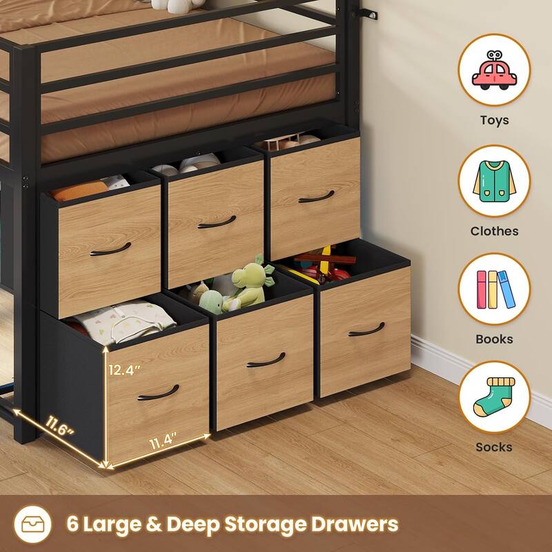 Twin Size Low Loft Bed with 6 Fabric Storage Drawers LED Lights