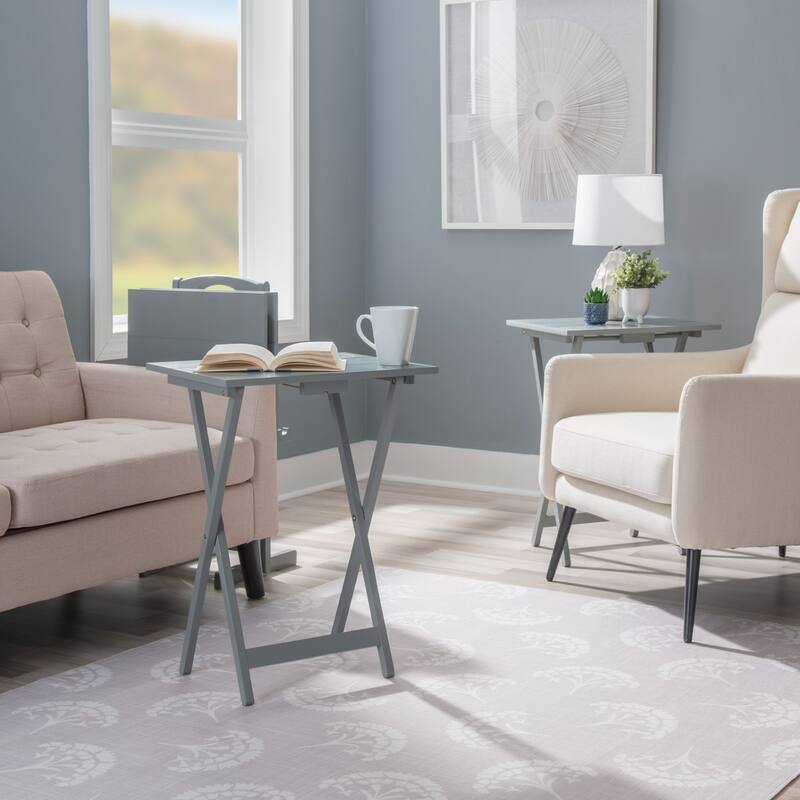 4-Piece Planked Top Folding Tray Table Set - 26.5" - Gray