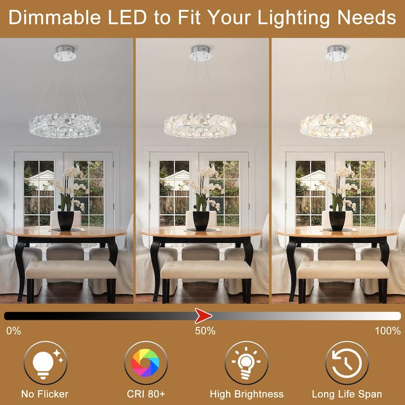 Ring Chrome LED Chandelier Textured Clear & Frosted Crystal Panels - Dia.19.69-in