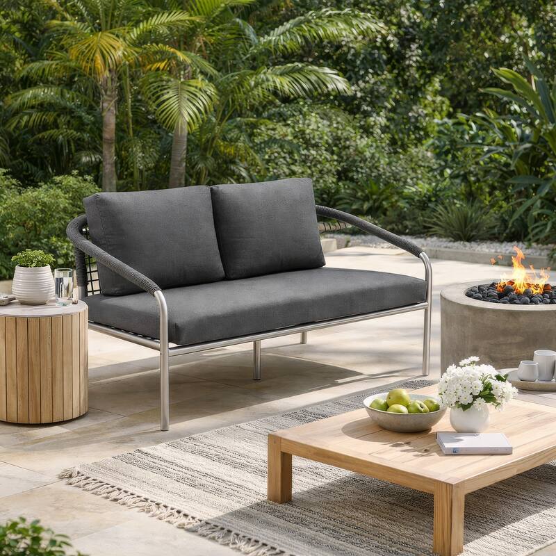 Phil 57 Inch Outdoor Sofa, Gray Fade Resistant Upholstery, Silver Aluminum