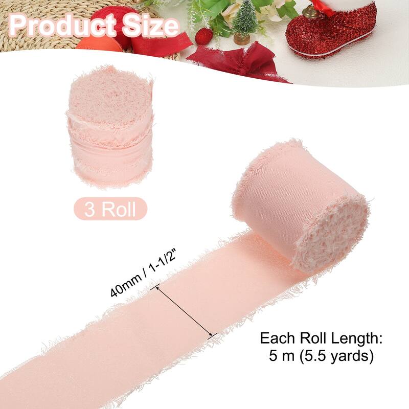 1-1/2"x16Yd Handmade Fringe Cotton Ribbon Frayed Fringe Ribbon 3Roll - 5Yd - Pink