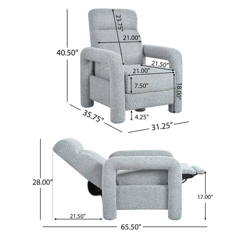 Push Back Recliner Armchair, 31.25" Teddy Upholstered Single Sofa Chair with 3-Position Adjustable Backrest for Living Room