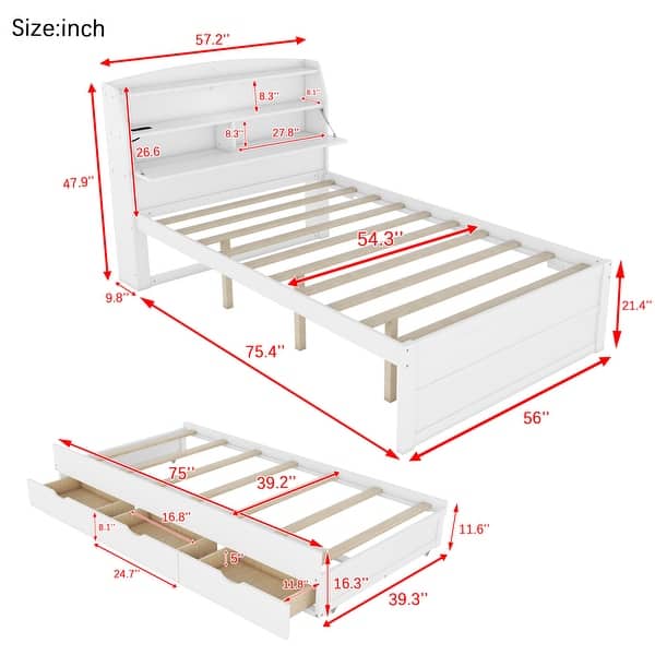 dimension image slide 1 of 3, Full Size Wooden LED Platform Bed with Trundle, with Storage Headboard, with Drawers