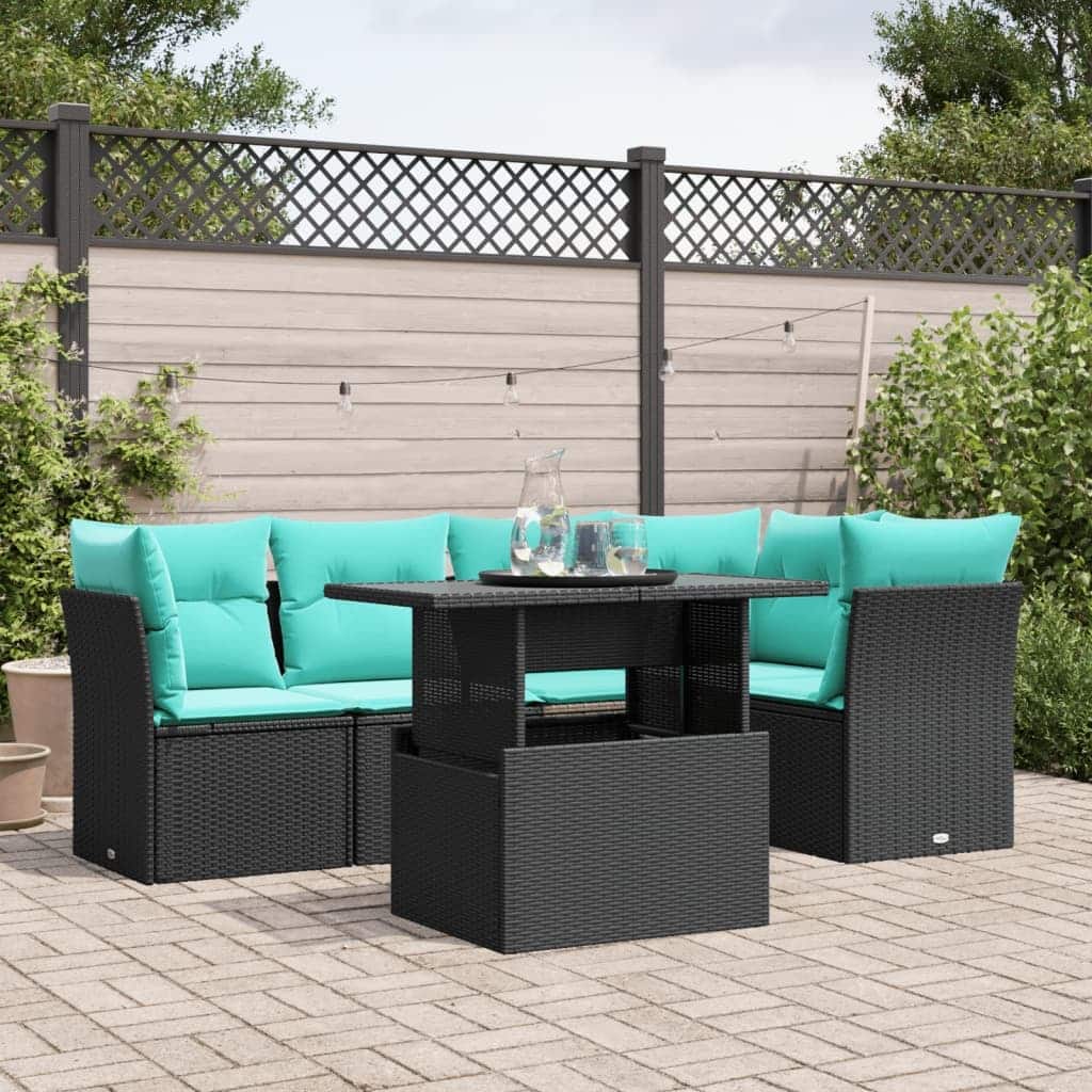 vidaXL 6 Piece Garden Sofa Set with Cushions Black Poly Rattan - 24.41 x 24.41 x 27.17