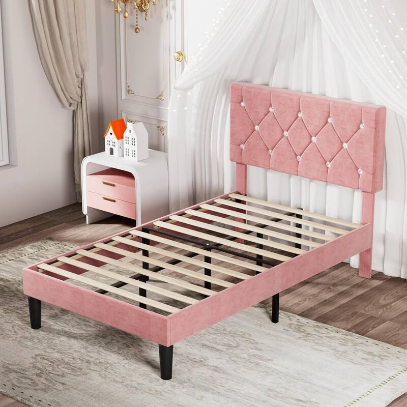 VECELO Upholstered Beds With Diamond Tufted Headboard, Platform Bed Frame, 7.9'' Under Bed Space