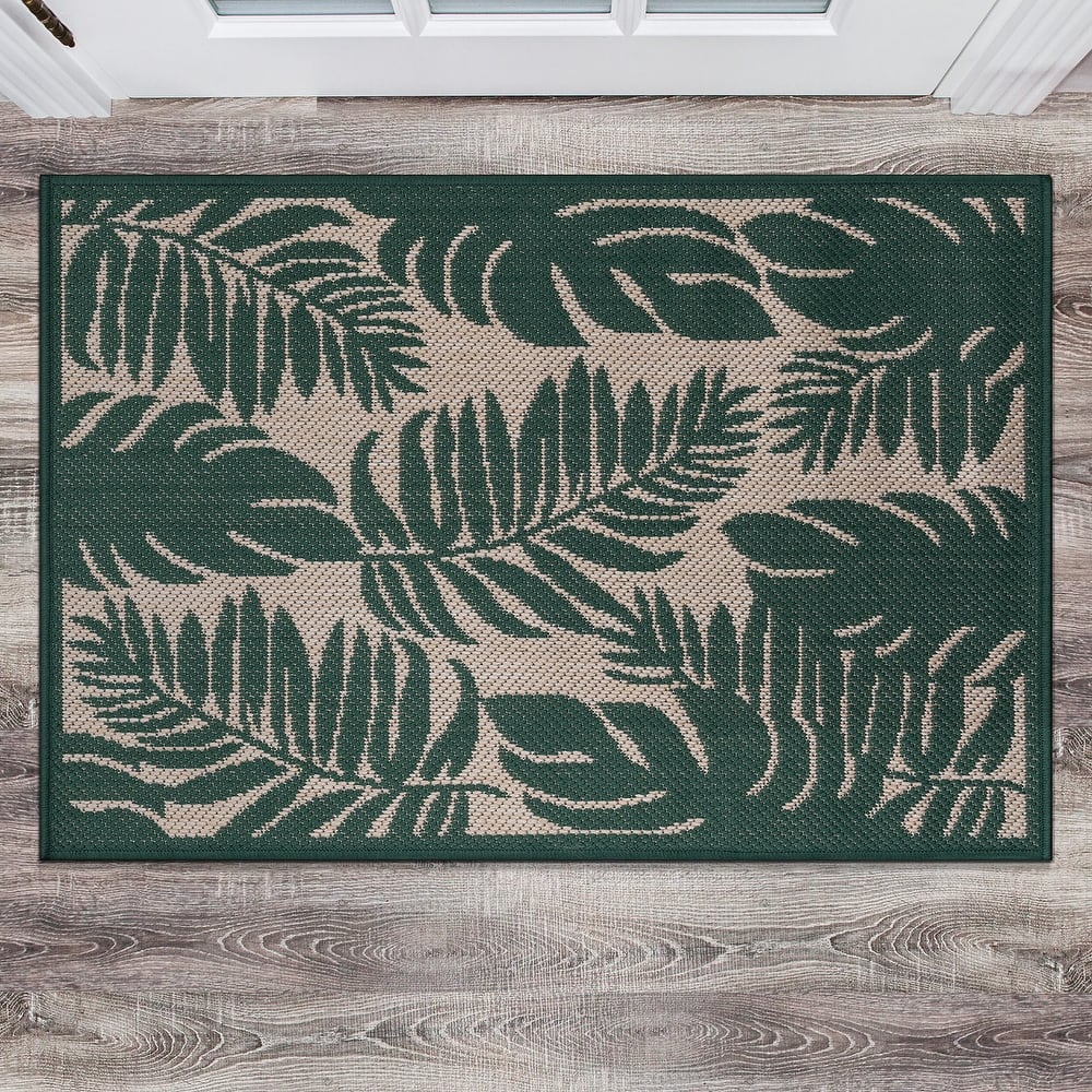 World Rug Gallery Floral Leaves Textured Flat Weave Indoor/Outdoor Area Rug