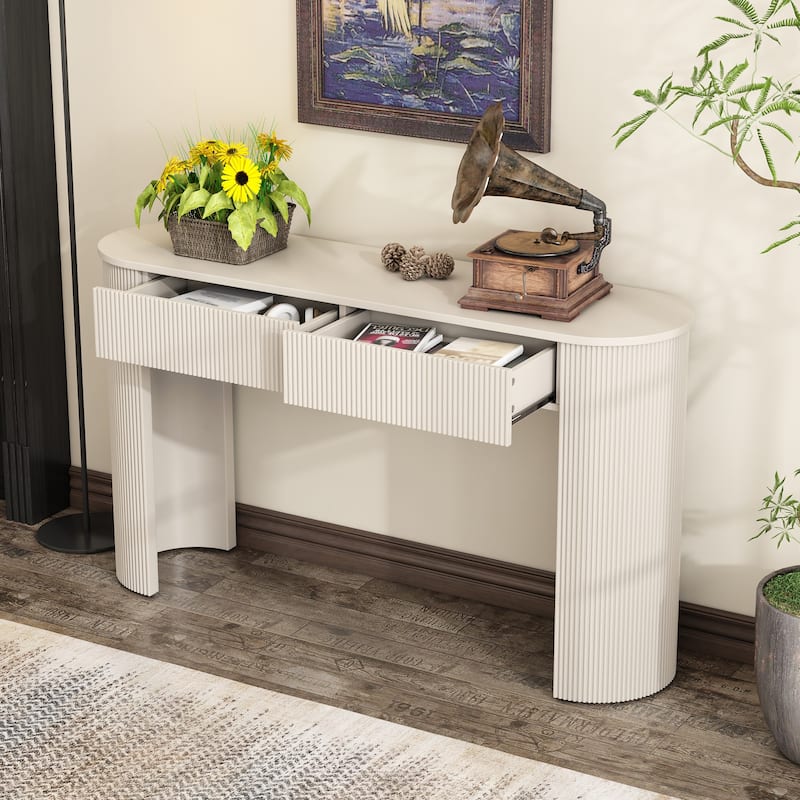 Fluted Console Table with 2 Drawers, Oval Top Entryway Table Champagne White Accent Table Sofa Table