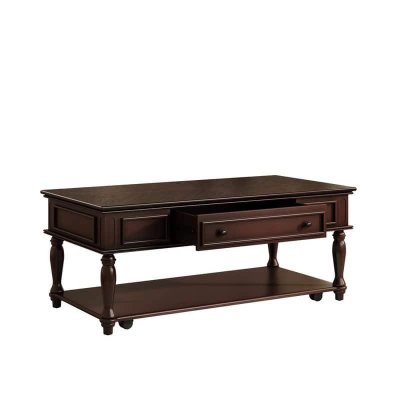 Farmhouse Coffee Table with One Drawer, Easy Assembly, Retro Movable Rectangular Cocktail Table with Lockable Wheels