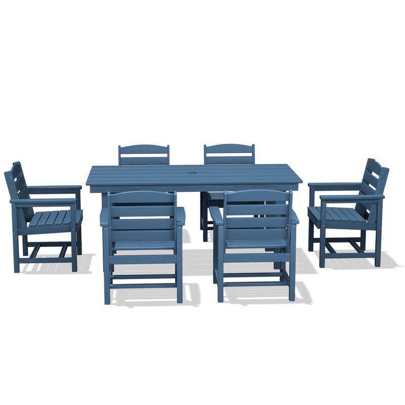 7-Piece HDPE Outdoor Dining Table Sets with Umbrella Hole - 1-Table 6-Chairs