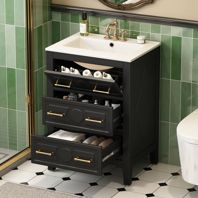 24'' Bathroom Vanity with Ceramic Sink Combo, Freestanding Single Vanity Set with 3 Drawers, Solid Wood Frame