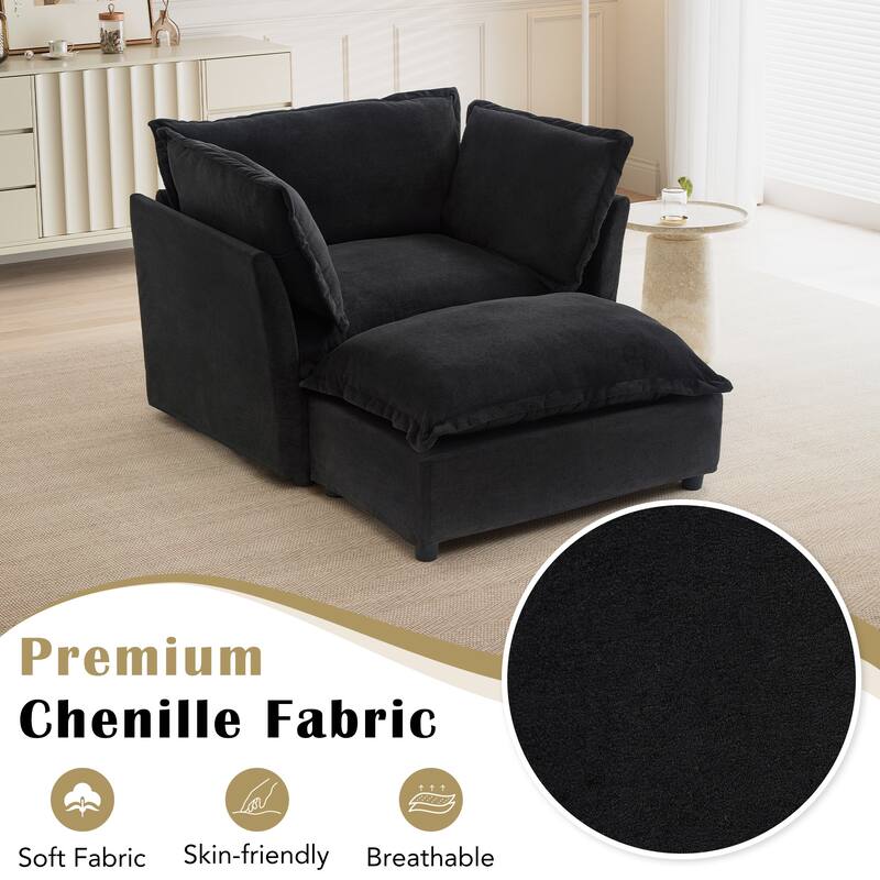 47" Cozy Upholstered Armchair with Movable Ottoman, Wide Seat, Curved Armrests and Soft Pillows