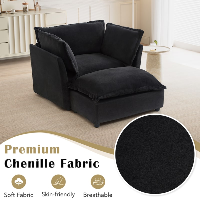 47" Upholstered Sofa Chair Accent Chair with Movable Ottoman, Oversized Chenille Single Sofa Armchair & Ottoman Sets - Black