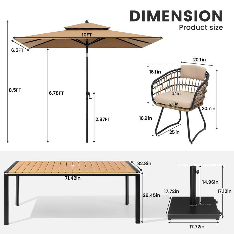 9/11-Piece Outdoor Dining Set Aluminum Table and Rattan Chairs w/10 ft Market Umbrella and Base