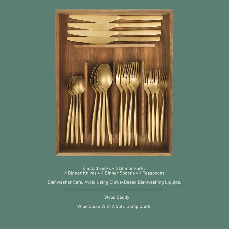 Bloomhouse 20 Piece Flatware 18/10 Stainless Steel Silverware Cutlery Utensil Set With Acacia Wood Caddy - Service for 4