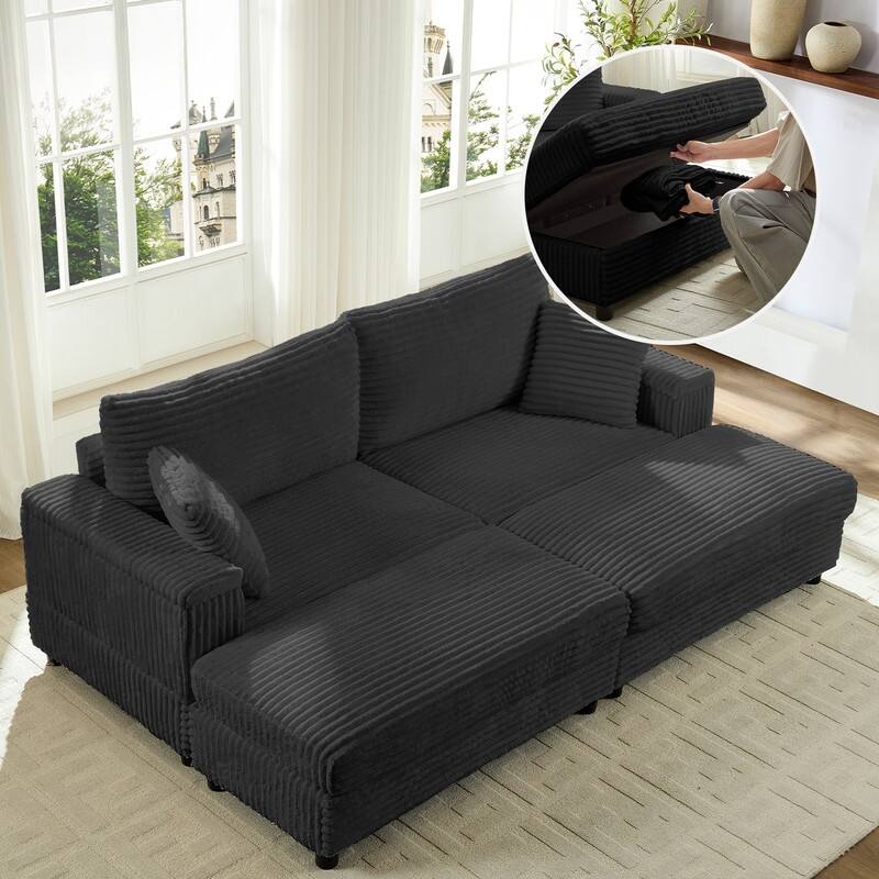 Mixoy 85‘’Corduroy Loveseat Chaise Lounge with Storage Ottoman&Armrests,Upholstered 2-Seater Sleeper Reclining Chair Indoor
