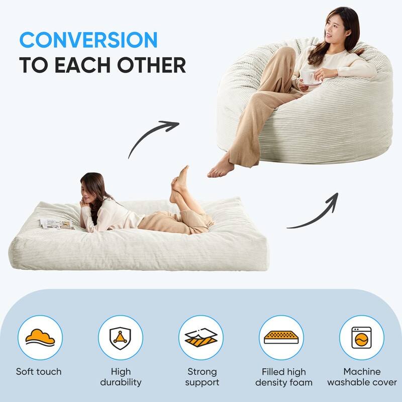 Mixoy Corduroy Bean Bag Lazy Sofa Chair Bed,Convertible Adult Beanbag from Lazy Chair to Floor Mattress,Machine Washable
