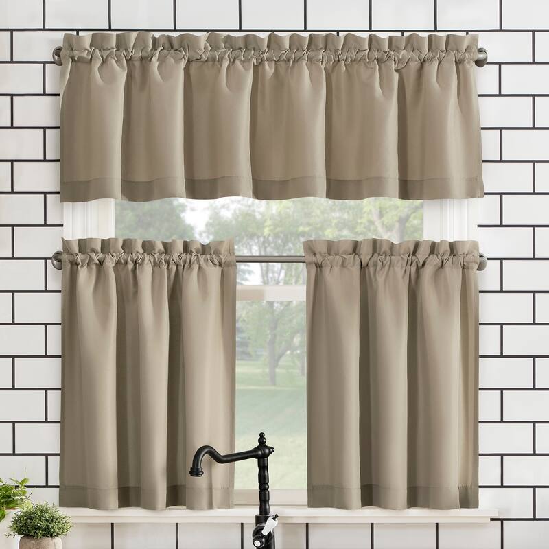 No. 918 Martine Microfiber Semi-Sheer Rod Pocket Kitchen Curtain Valance and Tiers Set - 54" x 45" - Taupe