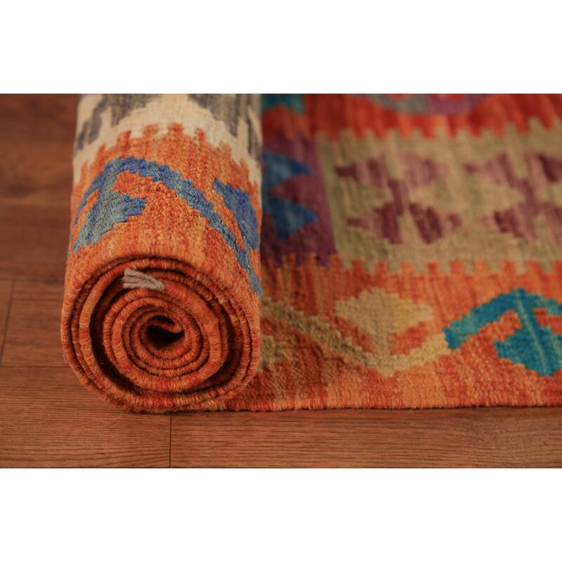 Geometric Trellis Kilim Oriental Area Rug Flatweave Orange Wool Carpet - 8'6"x 11'5"