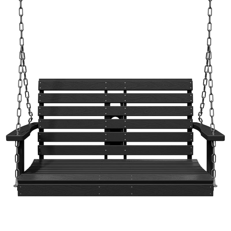 HDPE Plastic Outdoor Porch Swing 2-Person With Chains - Black
