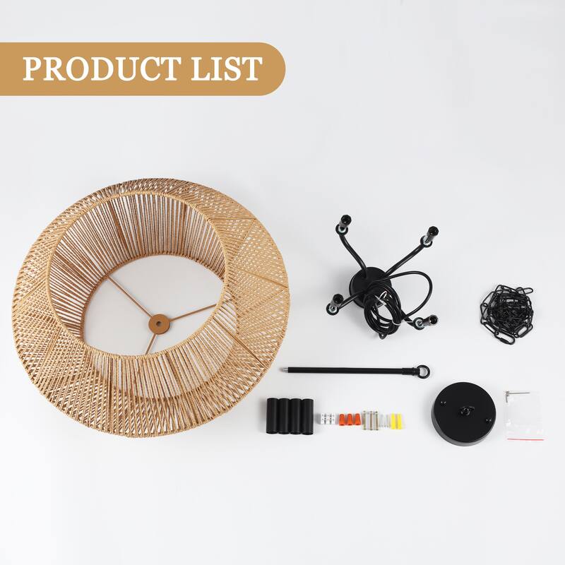4-Light Dimmable Pendant Light, Paper Rattan Lampshade Candle Chandelier for Living Room with no bulbs included